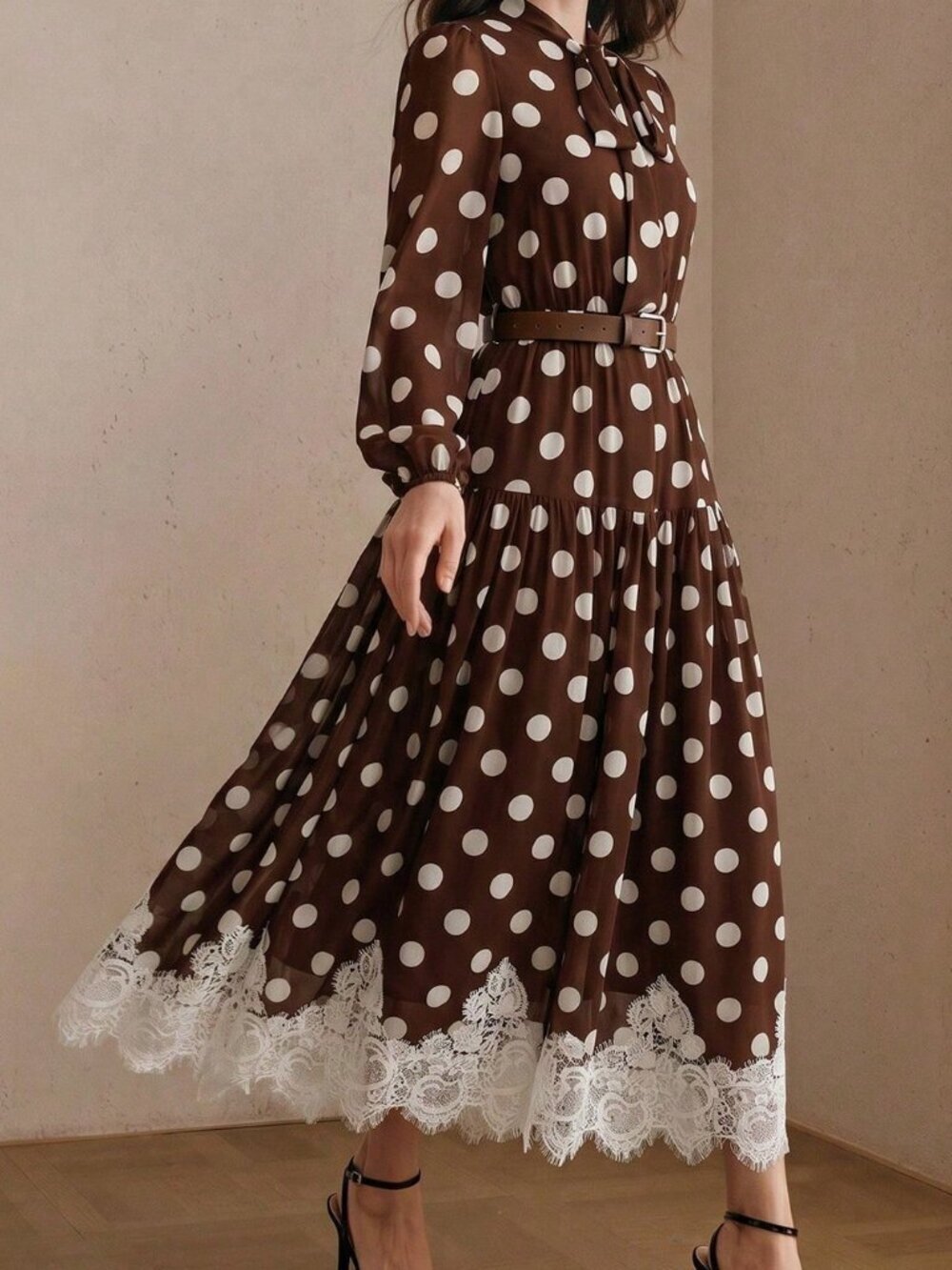 Coffee Elegant Women's Polka Dot Chiffon Lace Tie Waist Long Sleeve Dress